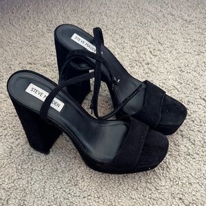 Steve Madden Black Suede Platform Block Heel Sandals with Ankle Straps Lessa
